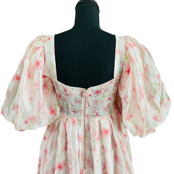 NWT Worth Collective Harlow Smocked Maxi Dress Puff Sleeve Pink Floral Chiffon S - Picture 7 of 12